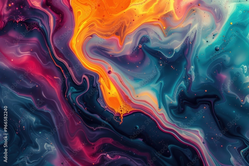 Fototapeta premium Abstract swirl of vibrant colors with orange, blue, and purple shades, resembling a cosmic nebula.
