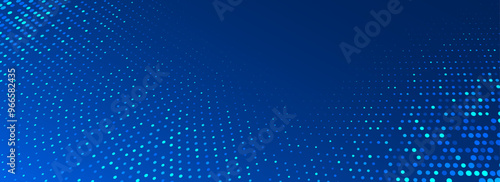 Blue glowing dotted texture. Abstract curved dot grid wallpaper. Circle halftone pattern background. Dark navy backdrop for technology, business, science, healthcare, medicine design. Vector