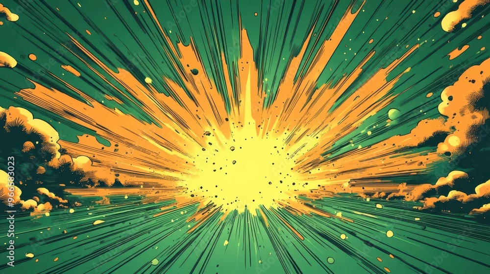 cartoonstyle green explosion background comic book inspired dynamic burst effect vibrant lime hues radiating energy bold graphic design element for action scenes