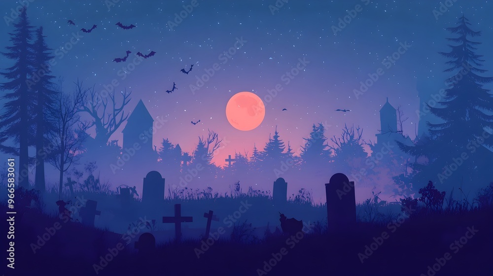 Spooky Graveyard Scene at Dusk with Fog Bats and a Full Moon for Halloween Atmosphere Spooky Graveyard Scene at Dusk with Fog Bats and a Full Moon for Halloween Atmosphere