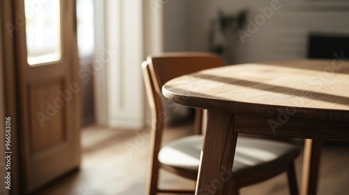 Close up of wooden dining table and chair near wooden door Minimalist scandinavian home interior design of modern living room