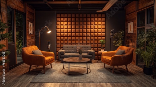 Wallpaper Mural A well-lit podcast studio showcasing modern furniture, premium microphones, and strategically placed soundproof foam panels. The setup highlights a cozy, high-quality recording space with copy space Torontodigital.ca