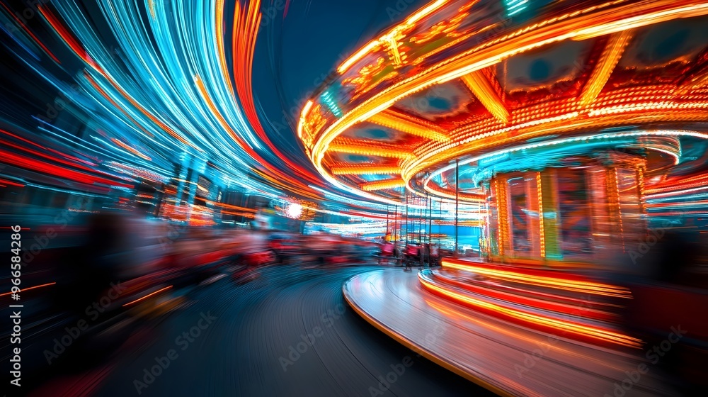 Vibrant Carousel of Swirling Lights in Motion Blur evoking a Nostalgic Atmosphere Vibrant Carousel of Swirling Lights in Motion Blur evoking a Nostalgic Atmosphere