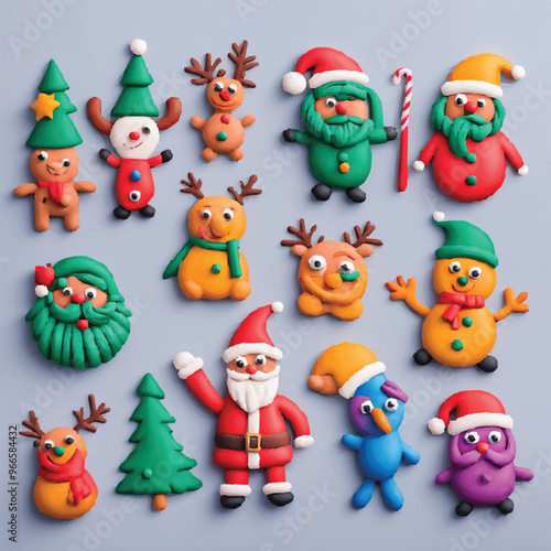 Christmas illustration set cute 3D characters. Santa, a reindeer, an elf, a penguin, a polar bear, and a snowman, Christmas tree. Perfect for holiday greetings and decorations. charismas vector.