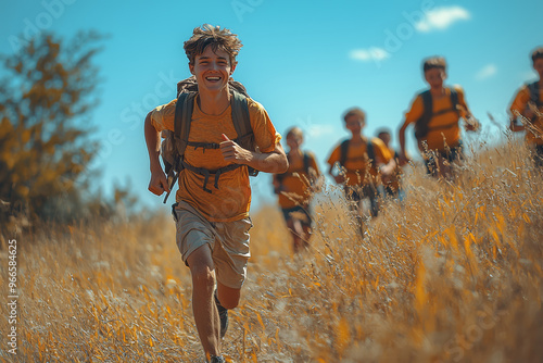 An adult playing tag with friends, running with carefree abandon. Concept of the joy of movement and childhood games.