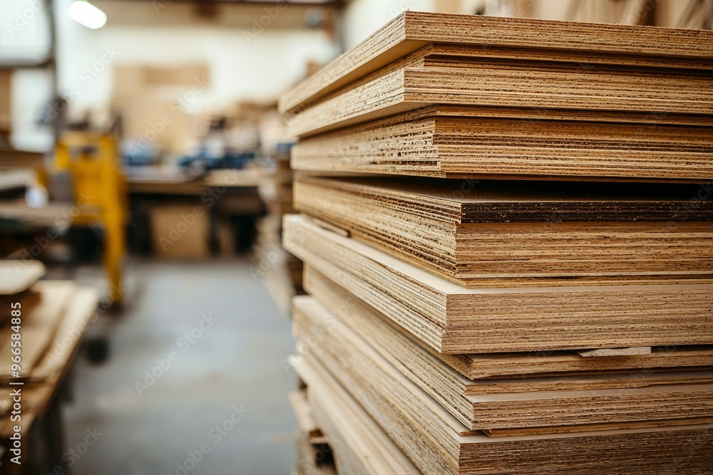 Stack of Plywood Sheets in a Workshop Stack of Plywood Sheets in a Workshop