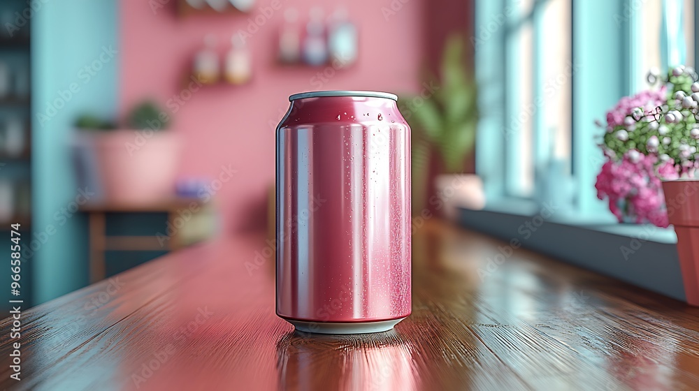 A red aluminum can on a wooden counter top in a cafe setting. A red aluminum can on a wooden counter top in a cafe setting.