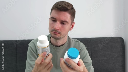 Man comparing two supplement bottles while seated on a sofa. Indoor lifestyle photography for health and wellness concept.