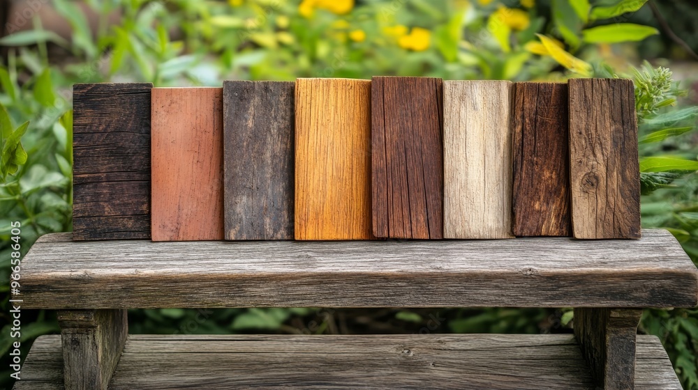 Fototapeta premium A set of rustic wood swatches, each with unique weathering and natural imperfections, displayed on an old wooden bench