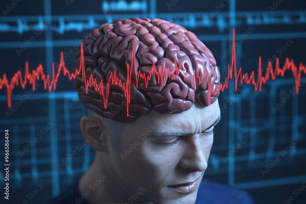 Obraz premium Thought flow neural connectivity and neural signals man with a glowing brain and heartbeat monitor visualizing brain activity thought processes and cognitive health