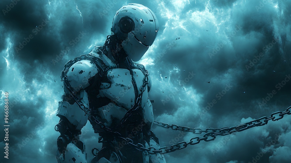Fototapeta premium A robot standing in the middle of a legal storm, chains of law wrapping tighter as the storm intensifies