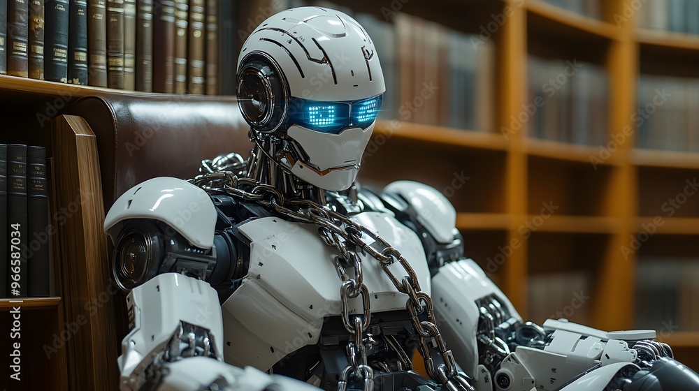 AI humanoid robot, entangled in chains, seated in a courtroom, reflecting the theme of AI's ethical and legal dilemmas selective focus ethics theme vibrant Double exposure Bookshelves filled with lega AI humanoid robot, entangled in chains, seated in a courtroom, reflecting the theme of AI's ethical and legal dilemmas selective focus ethics theme vibrant Double exposure Bookshelves filled with lega