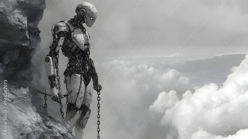 A solitary AI humanoid, shackled by ethereal chains representing law, standing on a misty cliff, pondering its destiny under a stormy sky, steampunk, grayscale, sketch style