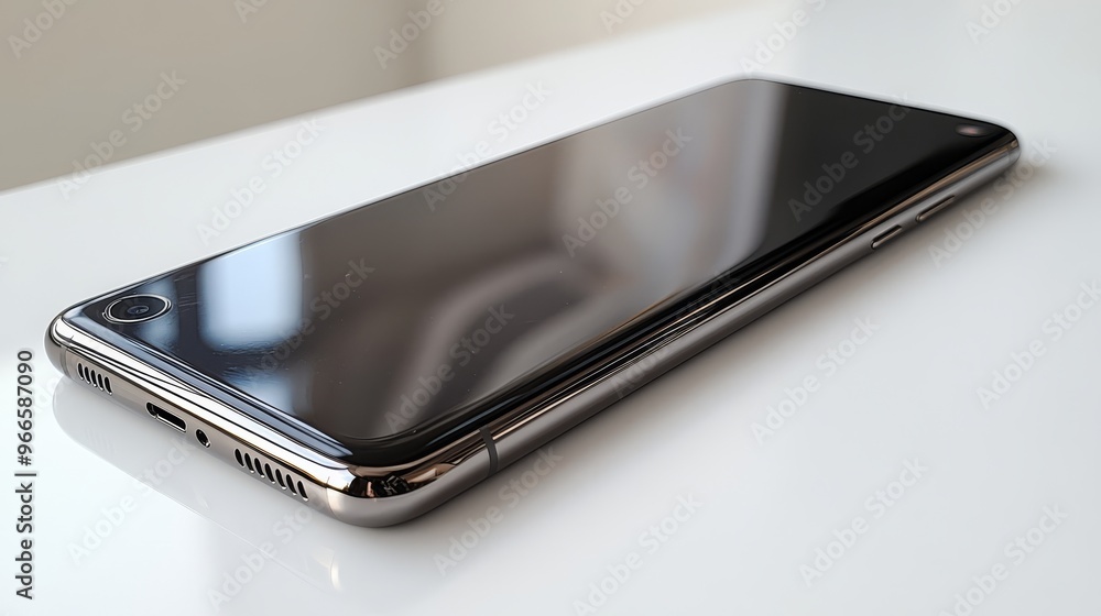 Close-up of a smartphone with a sleek design and reflective screen, resting on a white surface. Modern technology and communication concept. Close-up of a smartphone with a sleek design and reflective screen, resting on a white surface. Modern technology and communication concept.