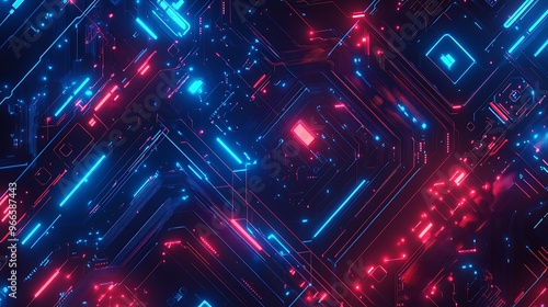 Abstract Neon Circuitry with Red and Blue Lines