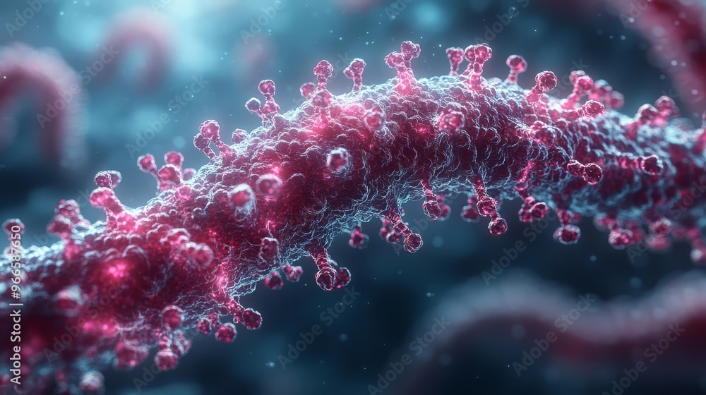 Close-up of a virus structure, highlighting its spikes and intricate details, set against a soft-focused blue and pink background. Close-up of a virus structure, highlighting its spikes and intricate details, set against a soft-focused blue and pink background.