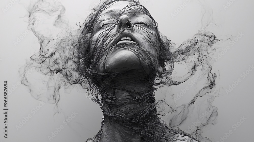 An abstract representation of a neck surrounded by tight, coiled wires, symbolizing stiffness and restriction. An abstract representation of a neck surrounded by tight, coiled wires, symbolizing stiffness and restriction.