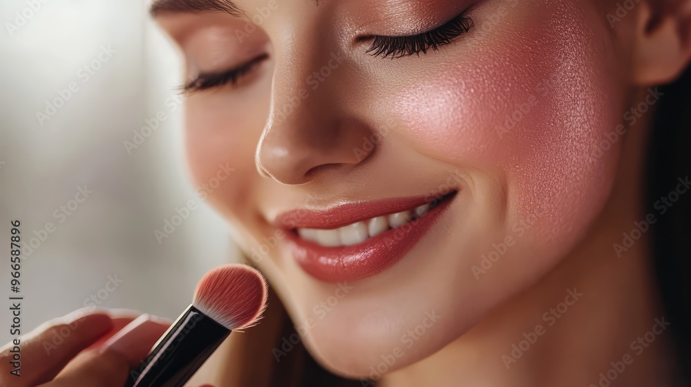 Naklejka premium Close-up of a woman applying blush on her cheeks with a makeup brush, showcasing a glowing and smooth complexion.