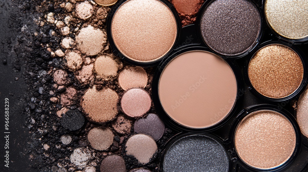 Close-up of assorted eyeshadows and makeup powders in neutral tones, showcasing a variety of textures and shades for versatile makeup looks. Close-up of assorted eyeshadows and makeup powders in neutral tones, showcasing a variety of textures and shades for versatile makeup looks.