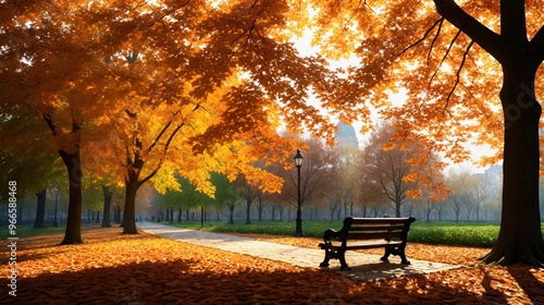 generative ai, Autumn Park Scene with Bench, Colorful Foliage, and Sunlight Filtering Through Trees photo