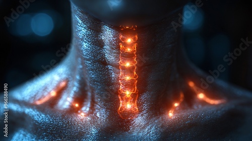 A close-up of inflamed neck muscles with red heat lines indicating the source of pain. photo