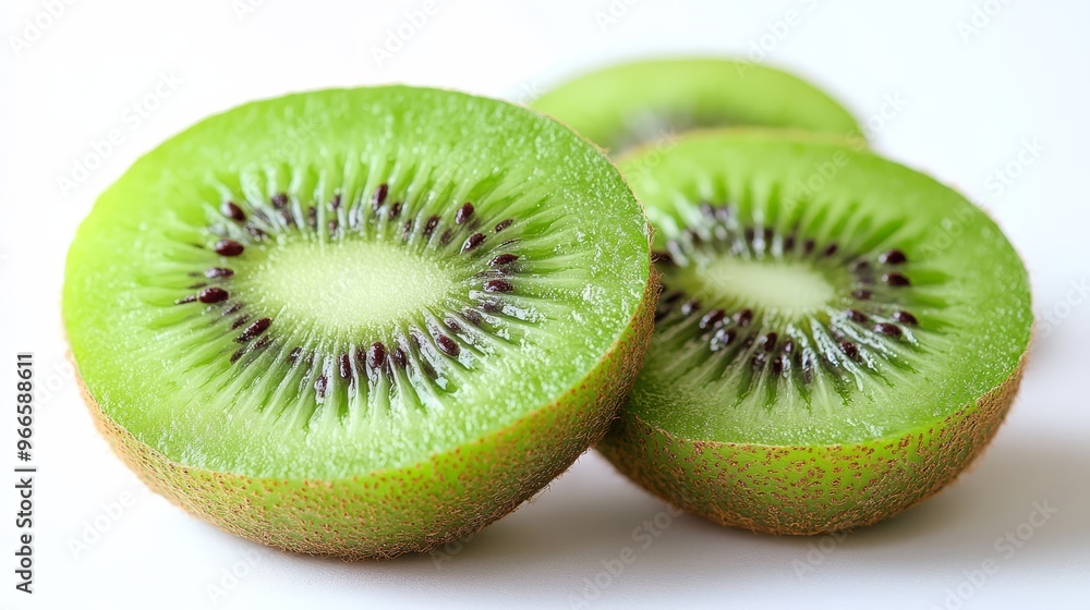 Close-up of fresh, juicy, sliced kiwi fruit on a white background, highlighting the vibrant green color and texture of the slices. Close-up of fresh, juicy, sliced kiwi fruit on a white background, highlighting the vibrant green color and texture of the slices.