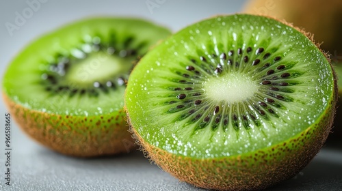 Close-up of fresh kiwi fruit halves showcasing vibrant green color, juicy texture, and exotic pattern for healthy food concepts.