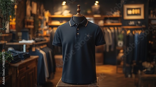 A black polo shirt with a white collar and gold trim is displayed on a wooden mannequin in a clothing store.