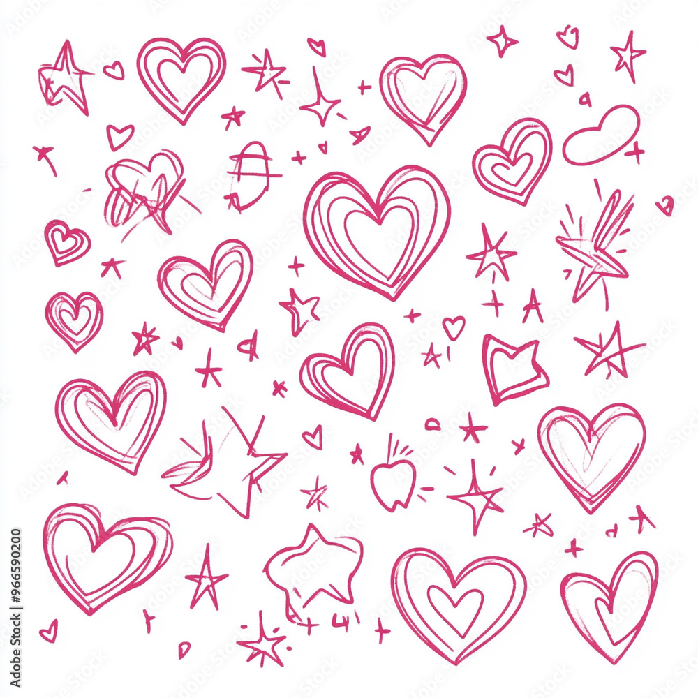 Line drawn pink hearts and stars on white background Line drawn pink hearts and stars on white background