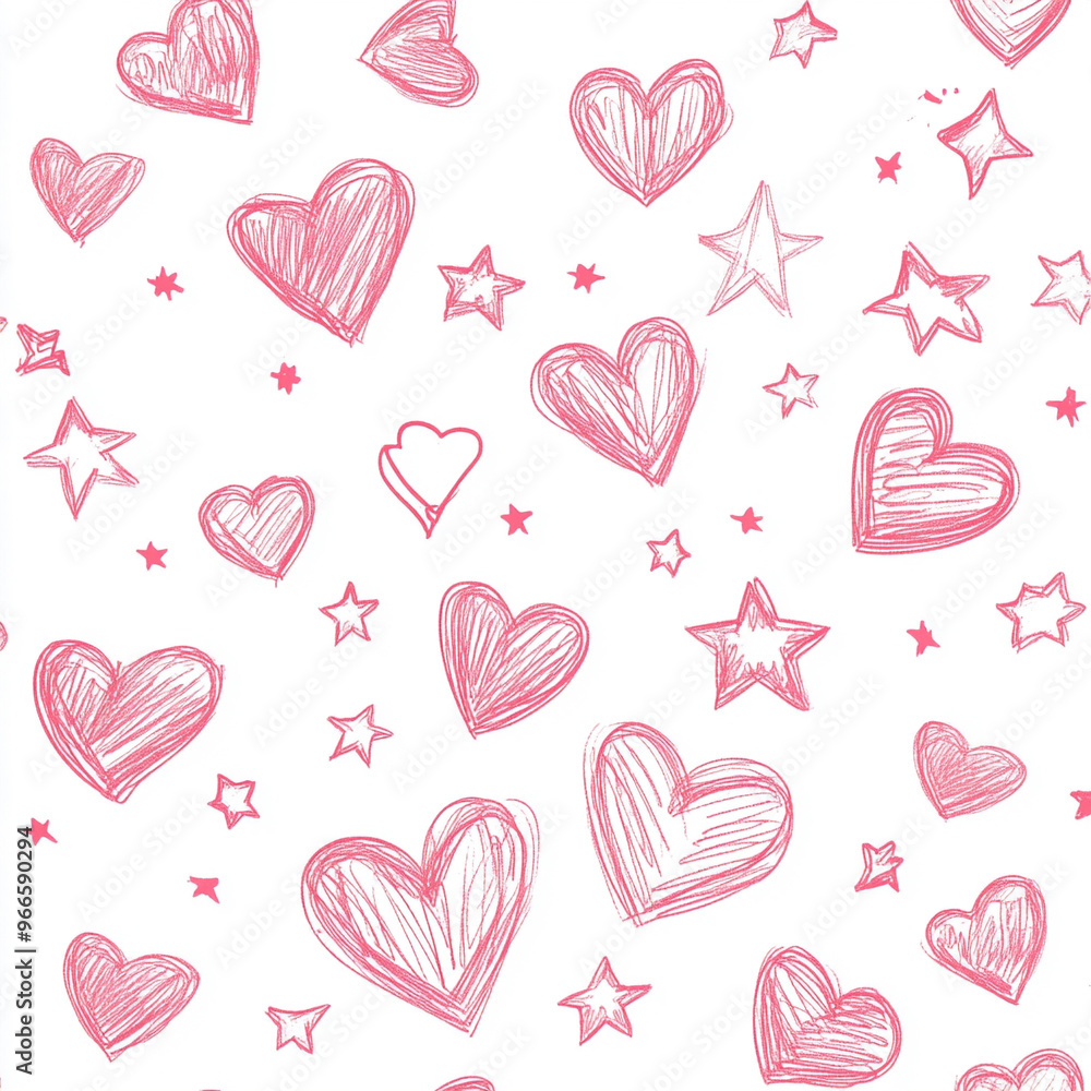 Line drawn pink hearts and stars on white background Line drawn pink hearts and stars on white background