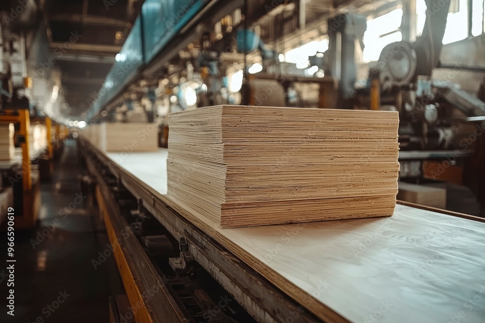 Stacked Plywood Sheets on a Conveyor Belt in a Factory Stacked Plywood Sheets on a Conveyor Belt in a Factory