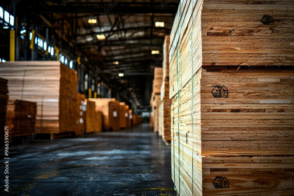 Stacked Wooden Planks in Industrial Setting Stacked Wooden Planks in Industrial Setting