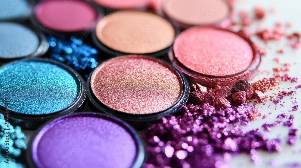 Colorful set of vibrant, glittery eyeshadow palettes in various shades, perfect for makeup enthusiasts and beauty professionals. Colorful set of vibrant, glittery eyeshadow palettes in various shades, perfect for makeup enthusiasts and beauty professionals.