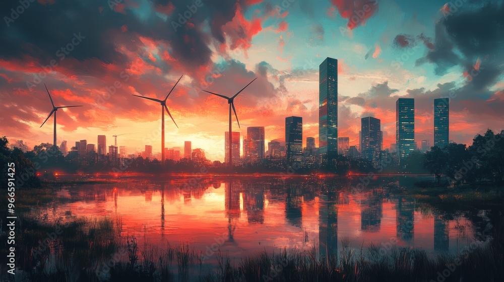 A wind turbine farm surrounded by modern city buildings, blades spinning in harmony with the urban skyline, vibrant sunset reflecting off glass facades, Futuristic, Realism, Digital painting A wind turbine farm surrounded by modern city buildings, blades spinning in harmony with the urban skyline, vibrant sunset reflecting off glass facades, Futuristic, Realism, Digital painting