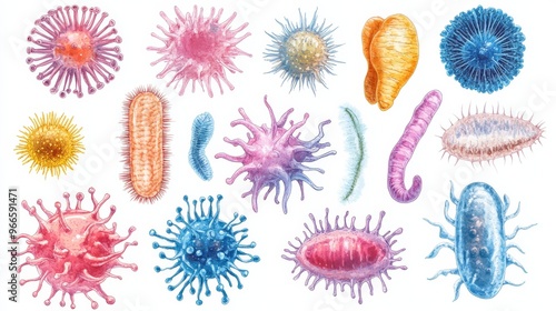 Colorful watercolor illustrations of various bacteria and viruses, showcasing their unique and intricate structures.