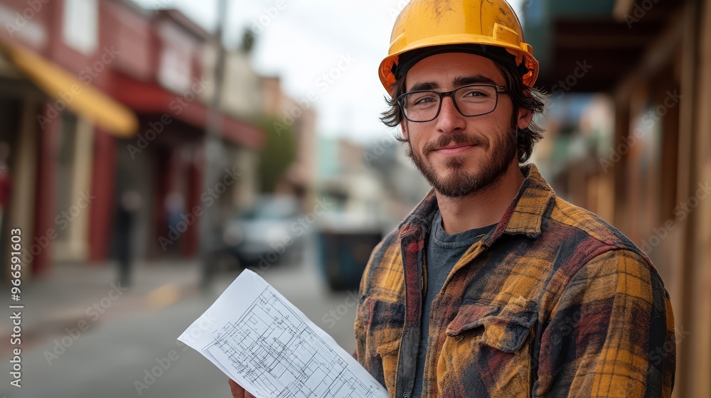 Construction worker in plaid shirt and hard hat holding blueprint on urban street, smiling confidently at camera, buildings in background. Construction worker in plaid shirt and hard hat holding blueprint on urban street, smiling confidently at camera, buildings in background.