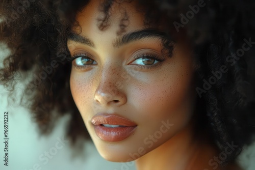 closeup portrait of a woman with luminous skin and voluminous afro curls bathed in soft flattering light against a simple backdrop