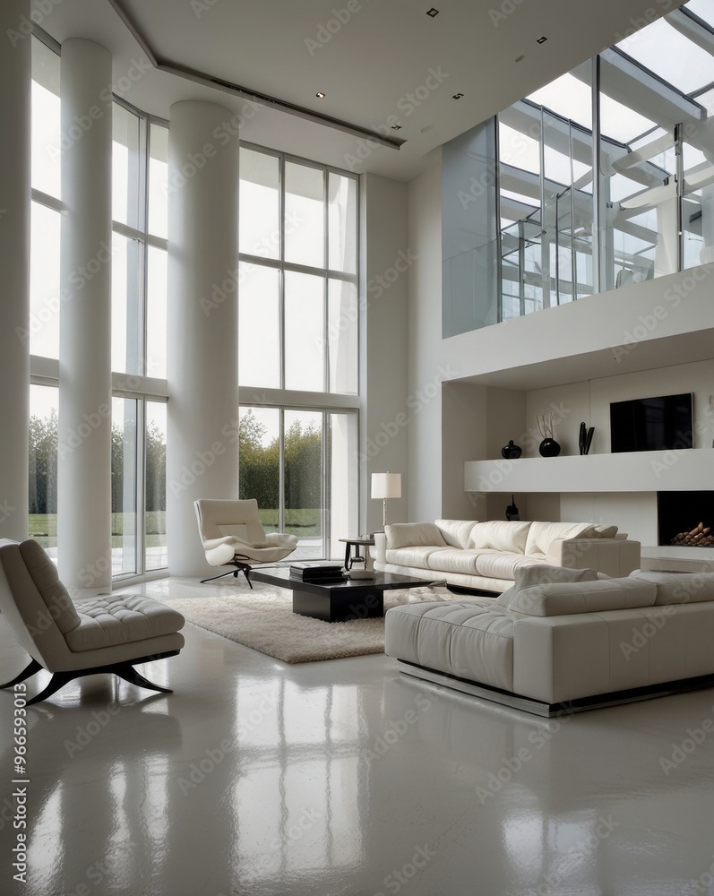 An ultramodern white living room with a minimalist design An ultramodern white living room with a minimalist design