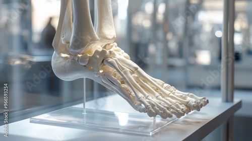 Detailed foot skeleton model showing bones and joints displayed in a glass case, ideal for medical education and anatomical studies. photo