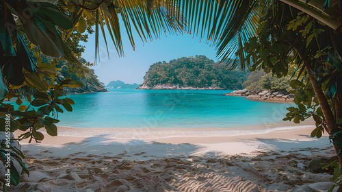 Beach, sea and coconut palm trees on blue sky for nature vacation background concept
