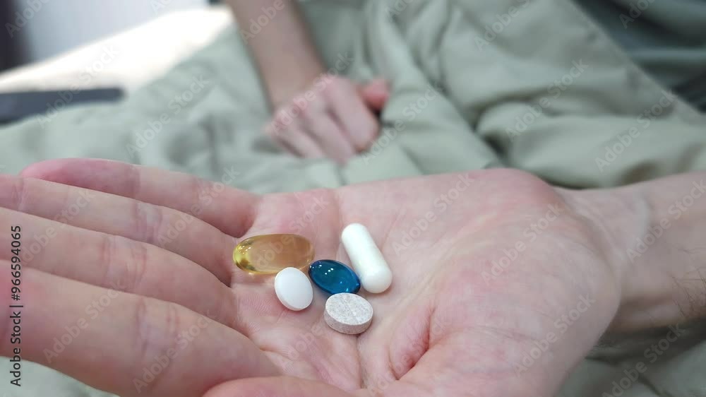 Close-up of a hand holding a variety of pills and capsules with a person resting in the background. Healthcare and medication concept for awareness and medical designs. Close-up of a hand holding a variety of pills and capsules with a person resting in the background. Healthcare and medication concept for awareness and medical designs.