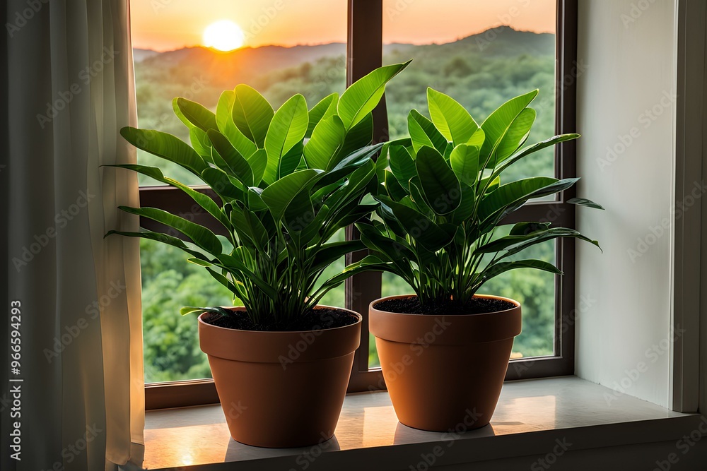 Fototapeta premium window and plants, the sun shining down on the pot in front of the window