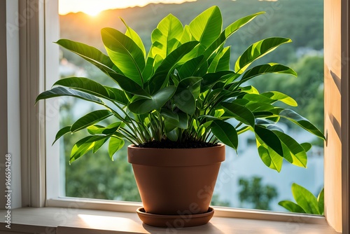 window and plants, the sun shining down on the pot in front of the window