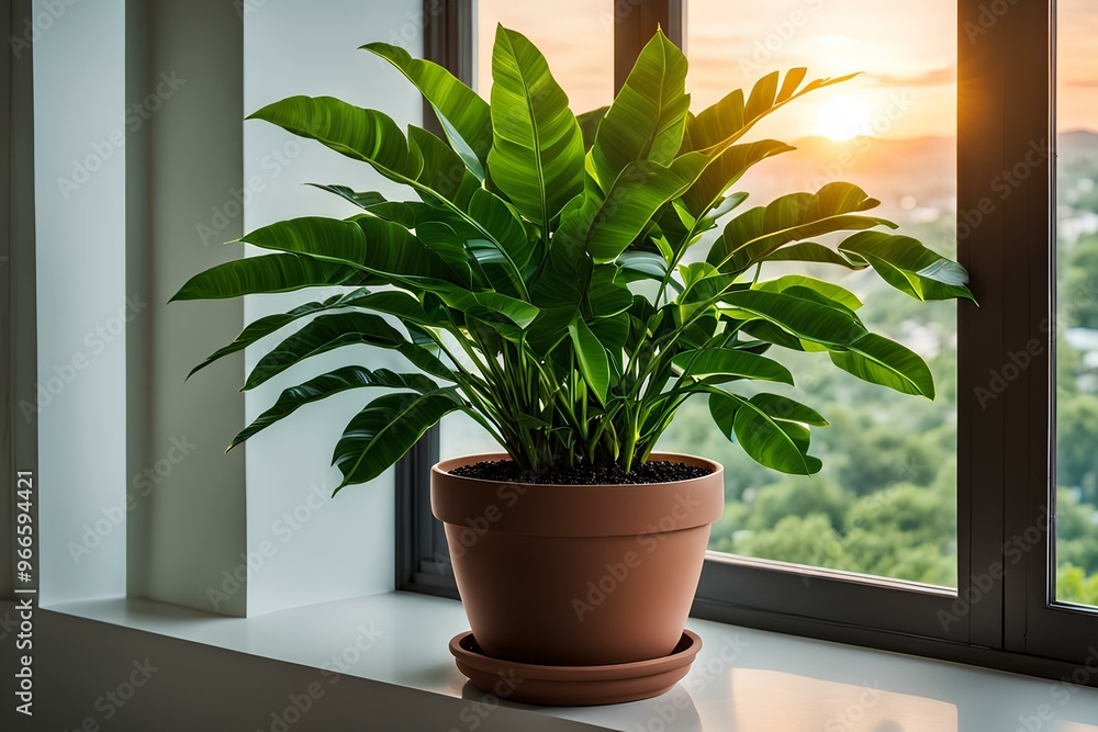 Fototapeta premium plant in a pot on the wall, window and plants, the sun shining down on the pot in front of the window