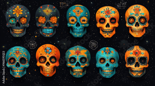 Flat dia de muertos skulls collection