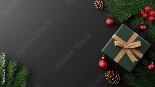Festive holiday arrangement featuring green gift box, pine branches, and ornaments, perfect for Christmas celebrations.