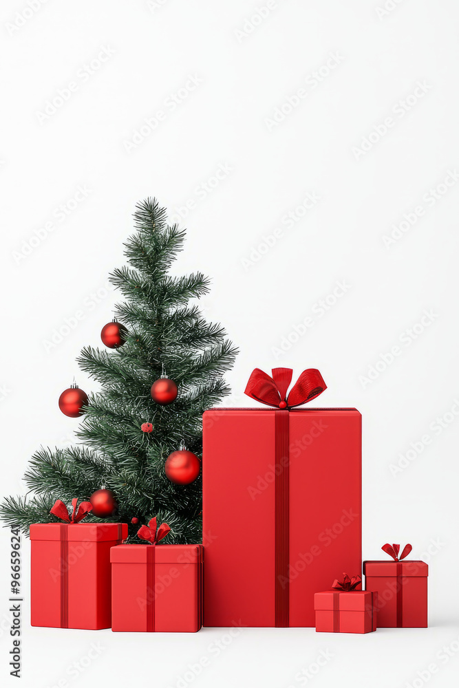 Fototapeta premium Festive Christmas scene featuring decorated tree and red gifts, evoking holiday cheer.