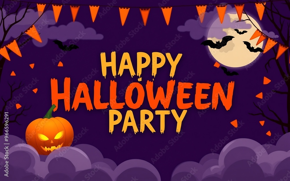 A festive Halloween party invitation with orange and yellow text on a purple background.
A festive Halloween party invitation with orange and yellow text on a purple background.
