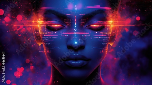 Wallpaper Mural Futuristic Digital Portrait of a Woman With Glowing Red and Orange Cybernetic Eyes and Neon Blue Skin in a Sci-Fi Abstract Background Torontodigital.ca
