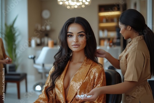 Elegant woman in a luxurious salon receiving hair treatment, wearing a golden robe, modern interior in the background. photo